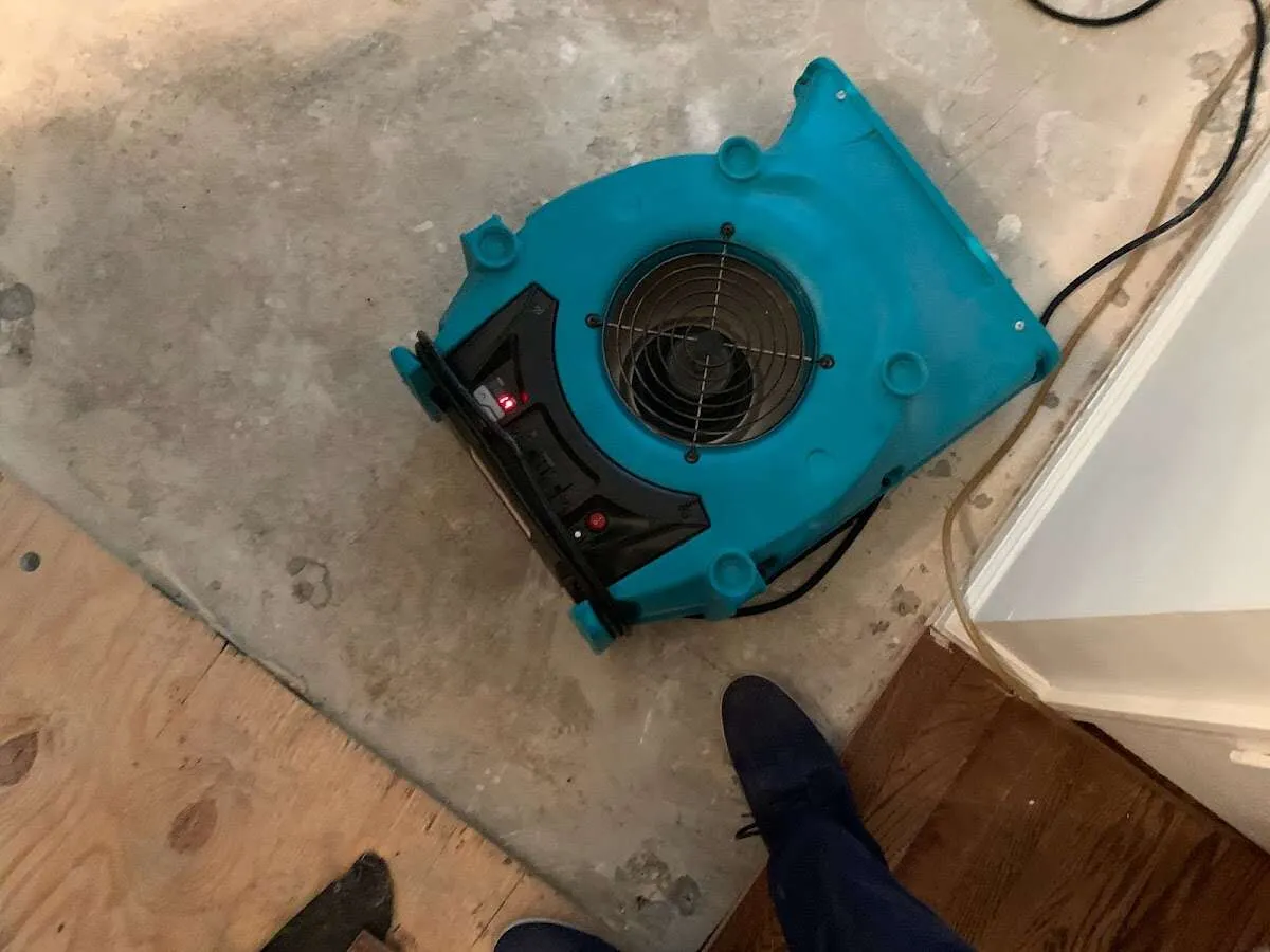 Air mover drying subfloor during Leak Detection & Repair in Pepperell